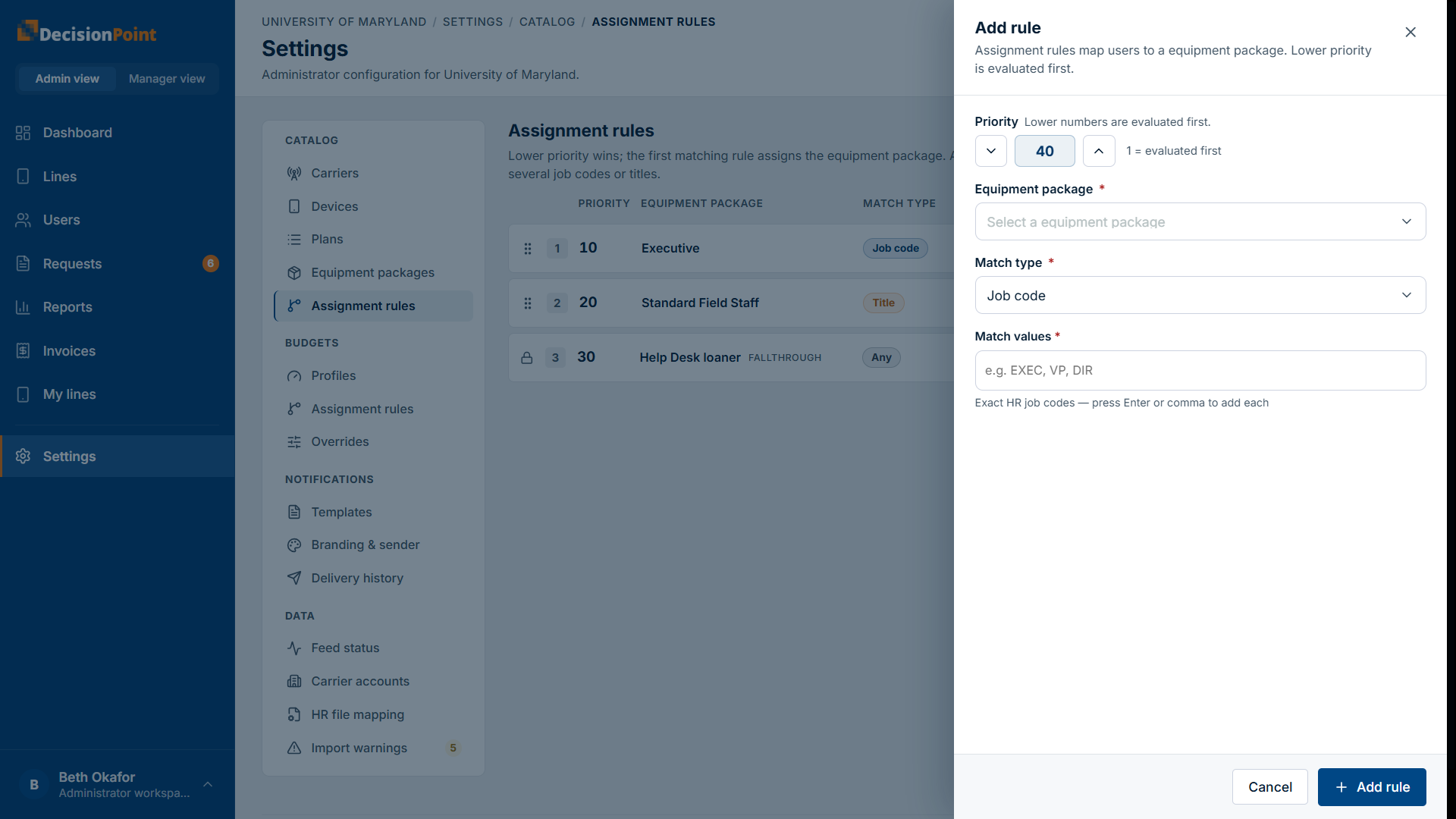 The Add rule panel: priority, equipment package, match type, and match values.