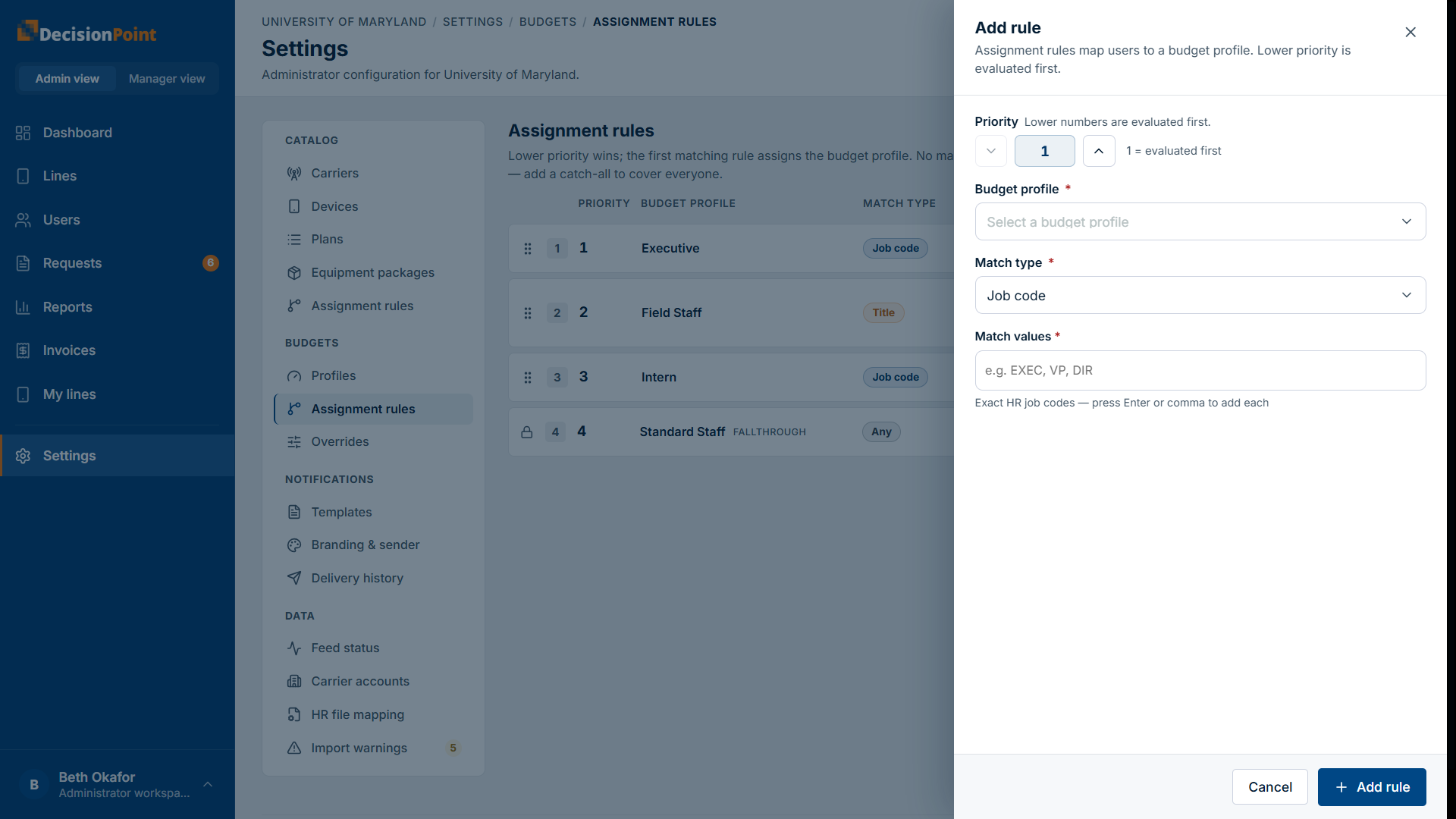 The Add rule panel: priority, budget profile, match type, and match values.