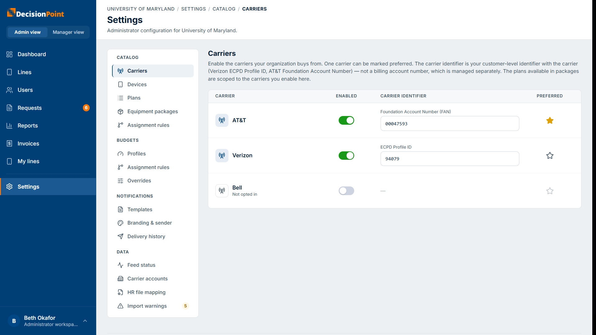 The Carriers settings: each carrier with an enabled toggle, a carrier identifier field, and a preferred star.