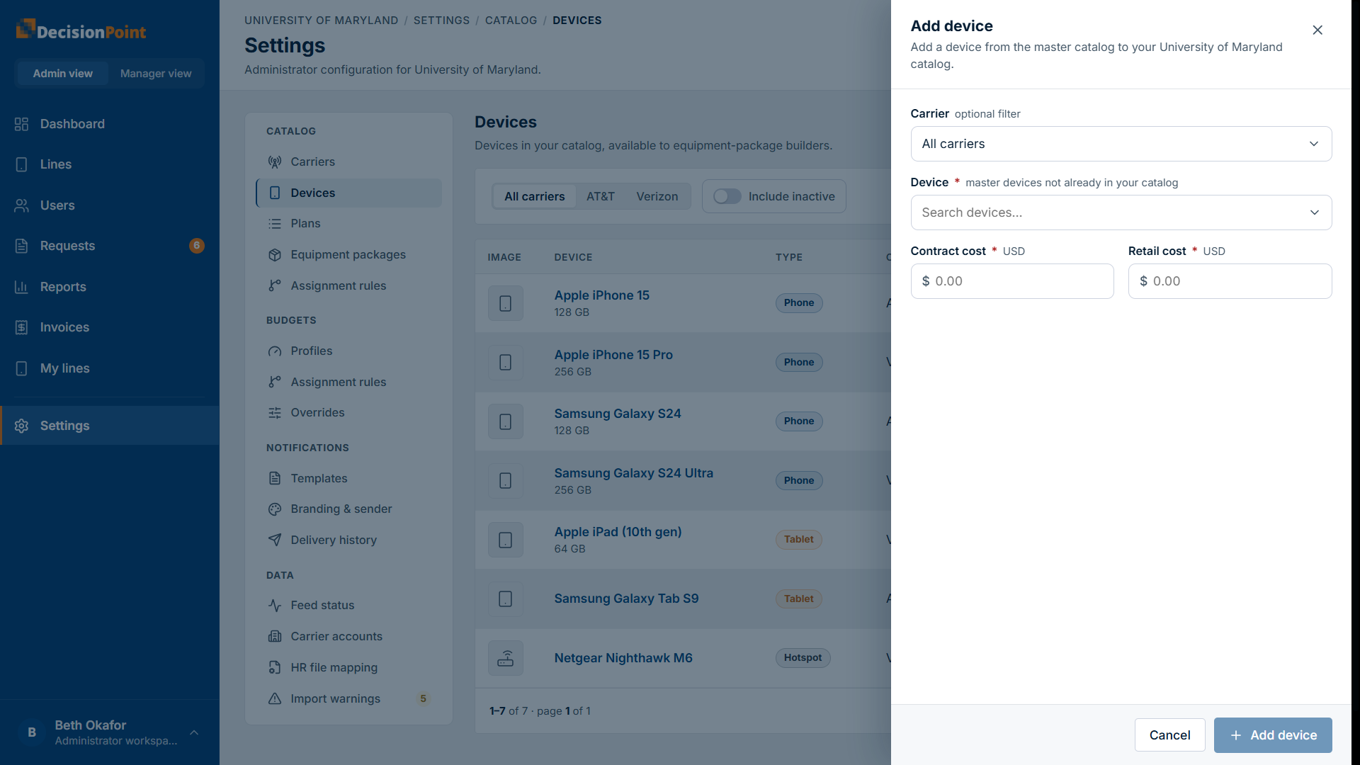 The Add device panel: a carrier filter, a master-device picker, and contract and retail cost fields.