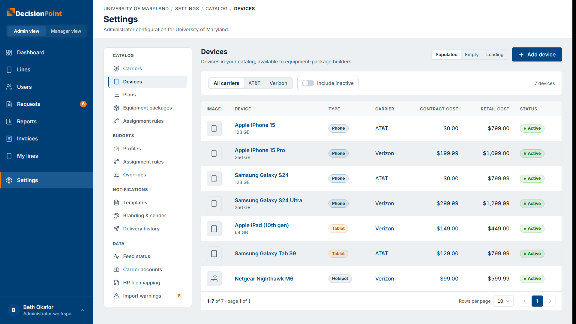 The device catalog: each device with its type, carrier, contract cost, retail cost, and status.