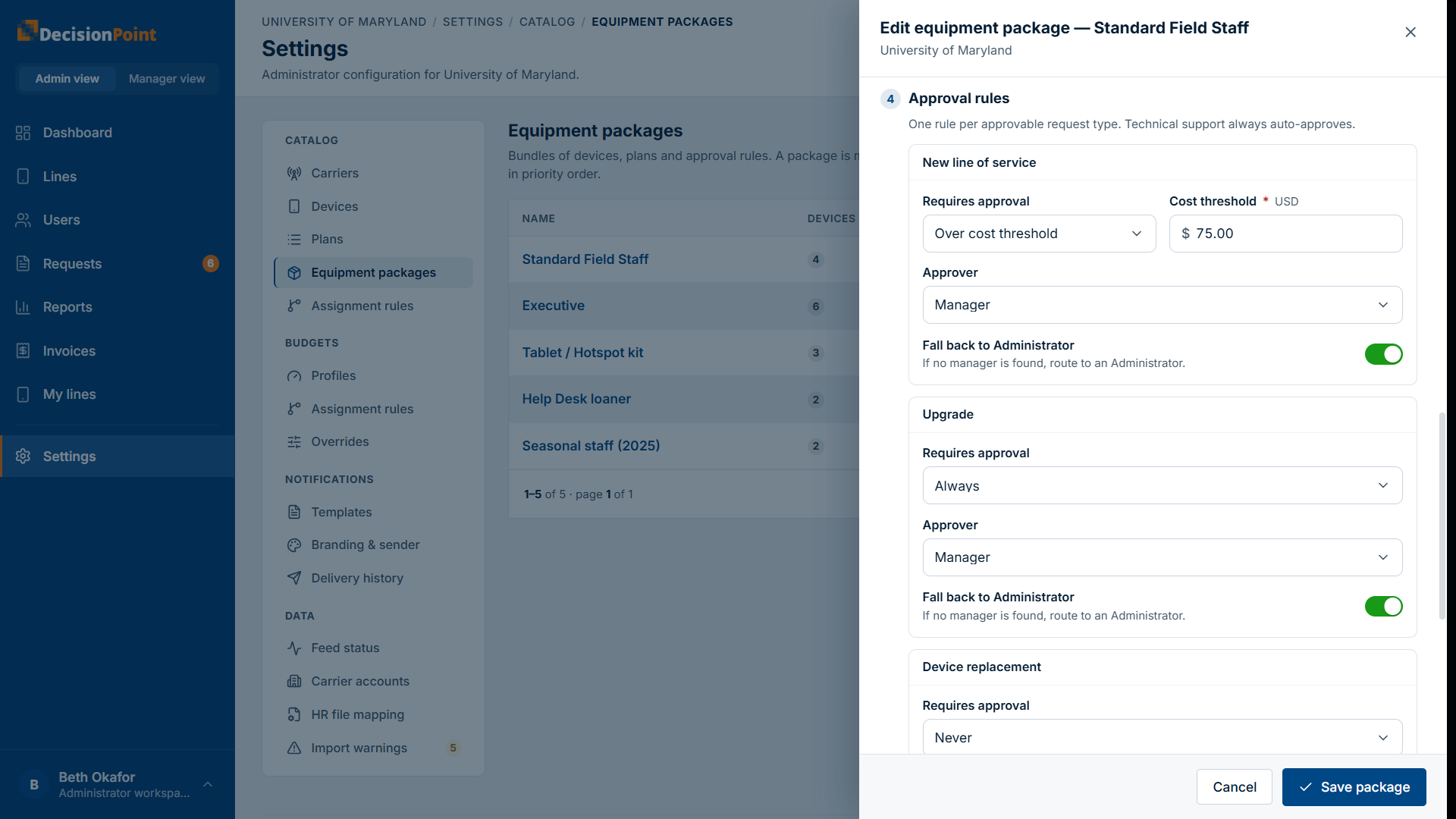 The approval-rules step: per-type requires-approval, cost threshold, approver, and Administrator fallback.