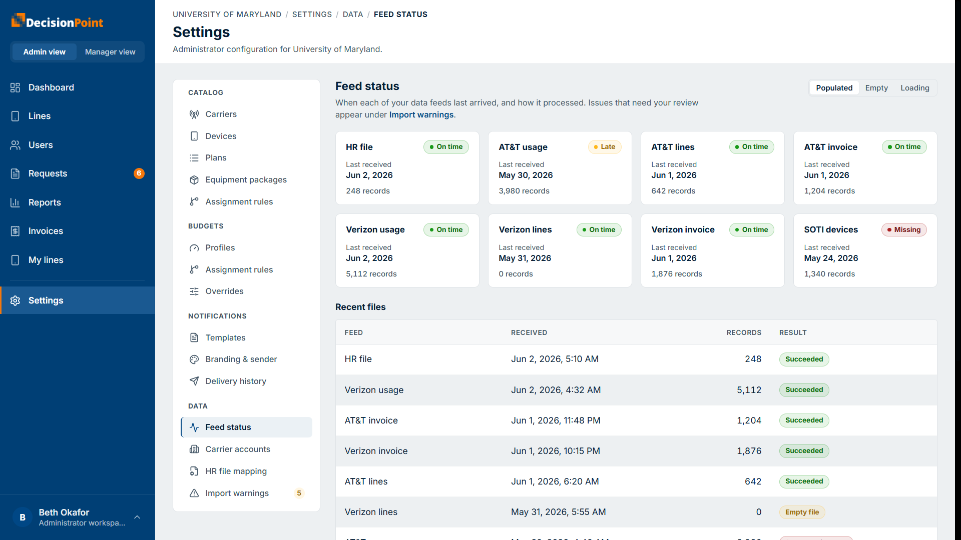 Feed status: per-feed cards with an on-time/late/missing status, last-received date, and record count, above a recent-files table.
