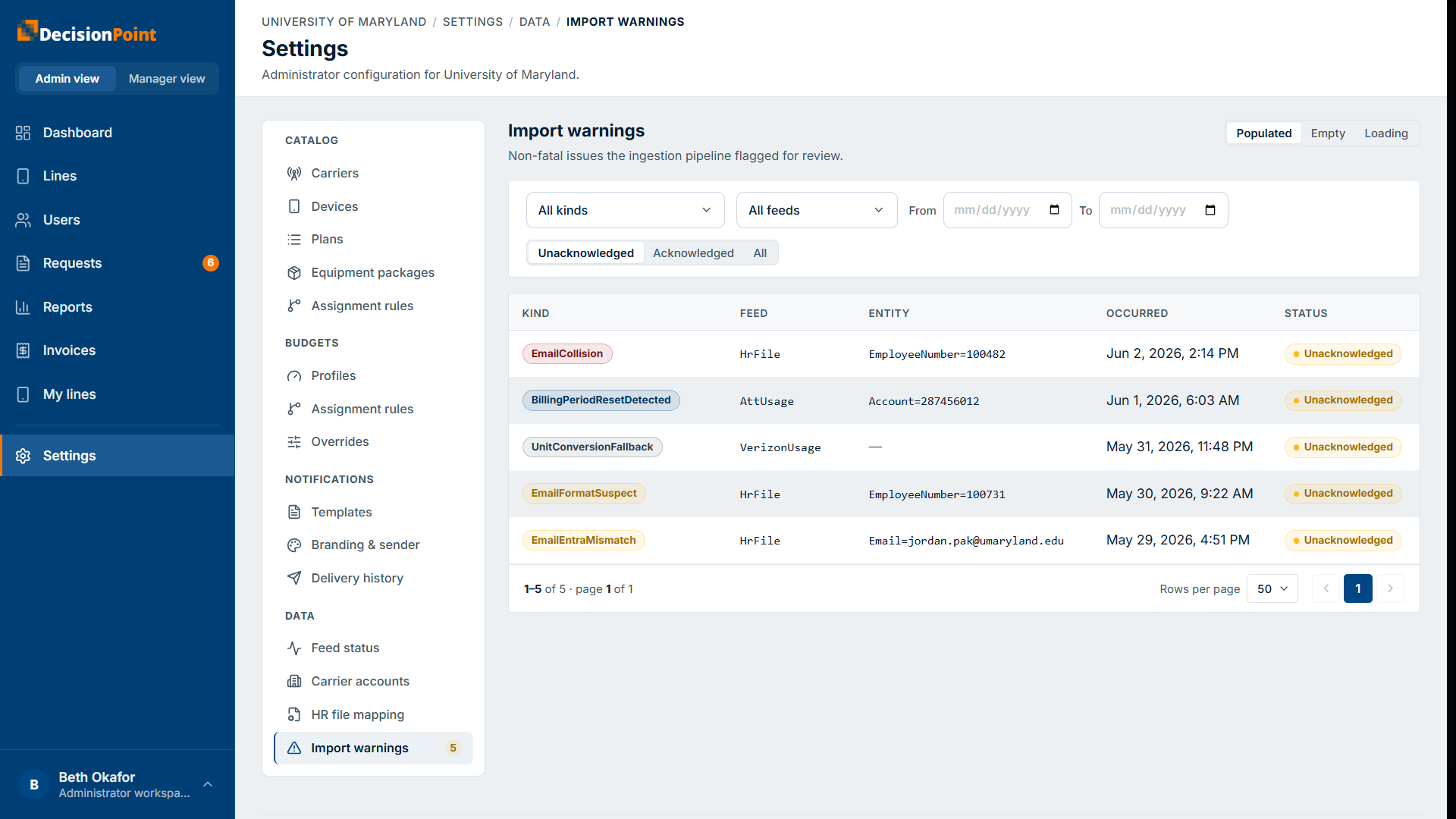 Import warnings: kind/feed/date filters, acknowledge tabs, and a table of flagged issues.