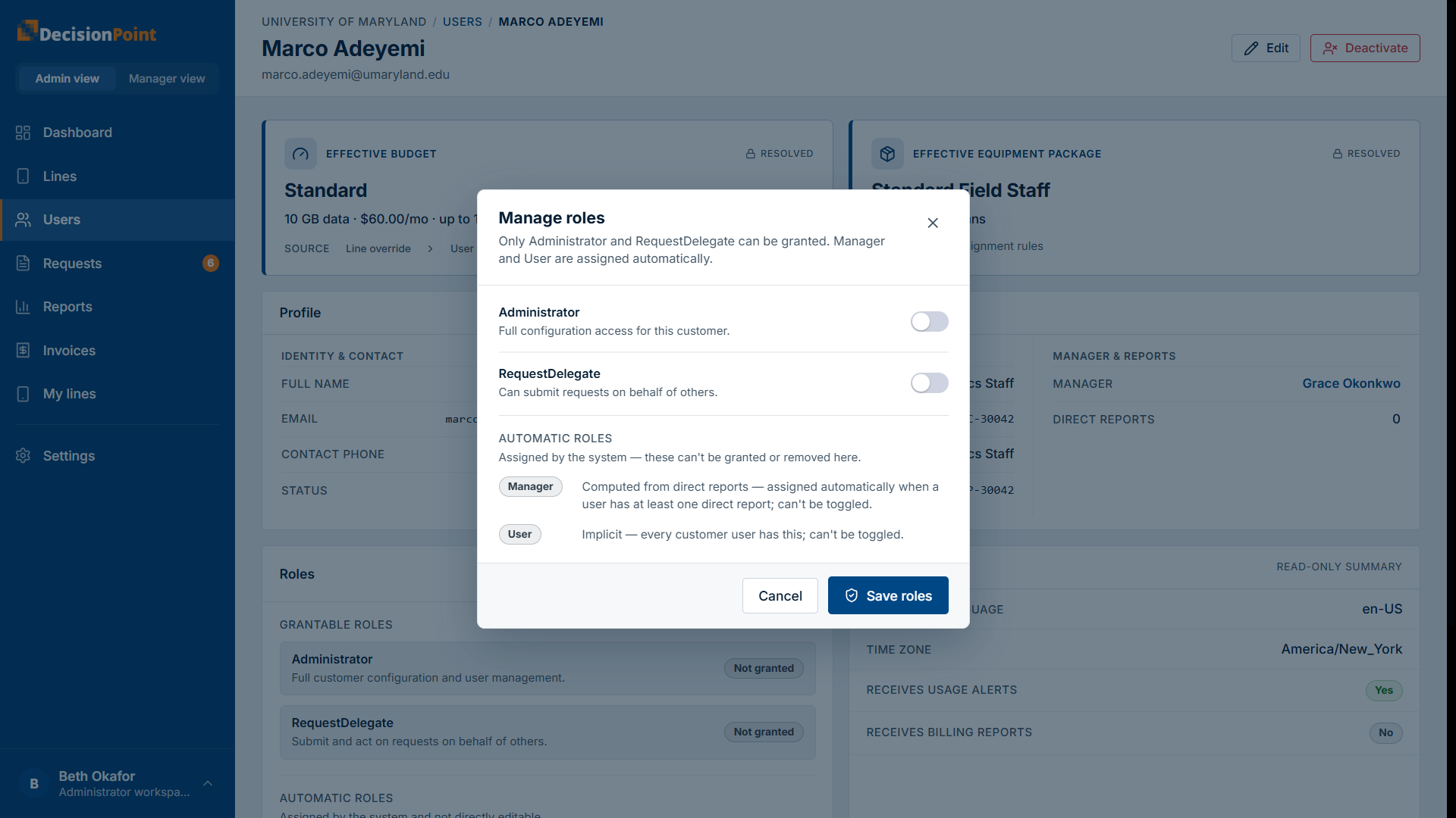 The Manage roles dialog: toggles for Administrator and RequestDelegate, with Manager and User shown as automatic.