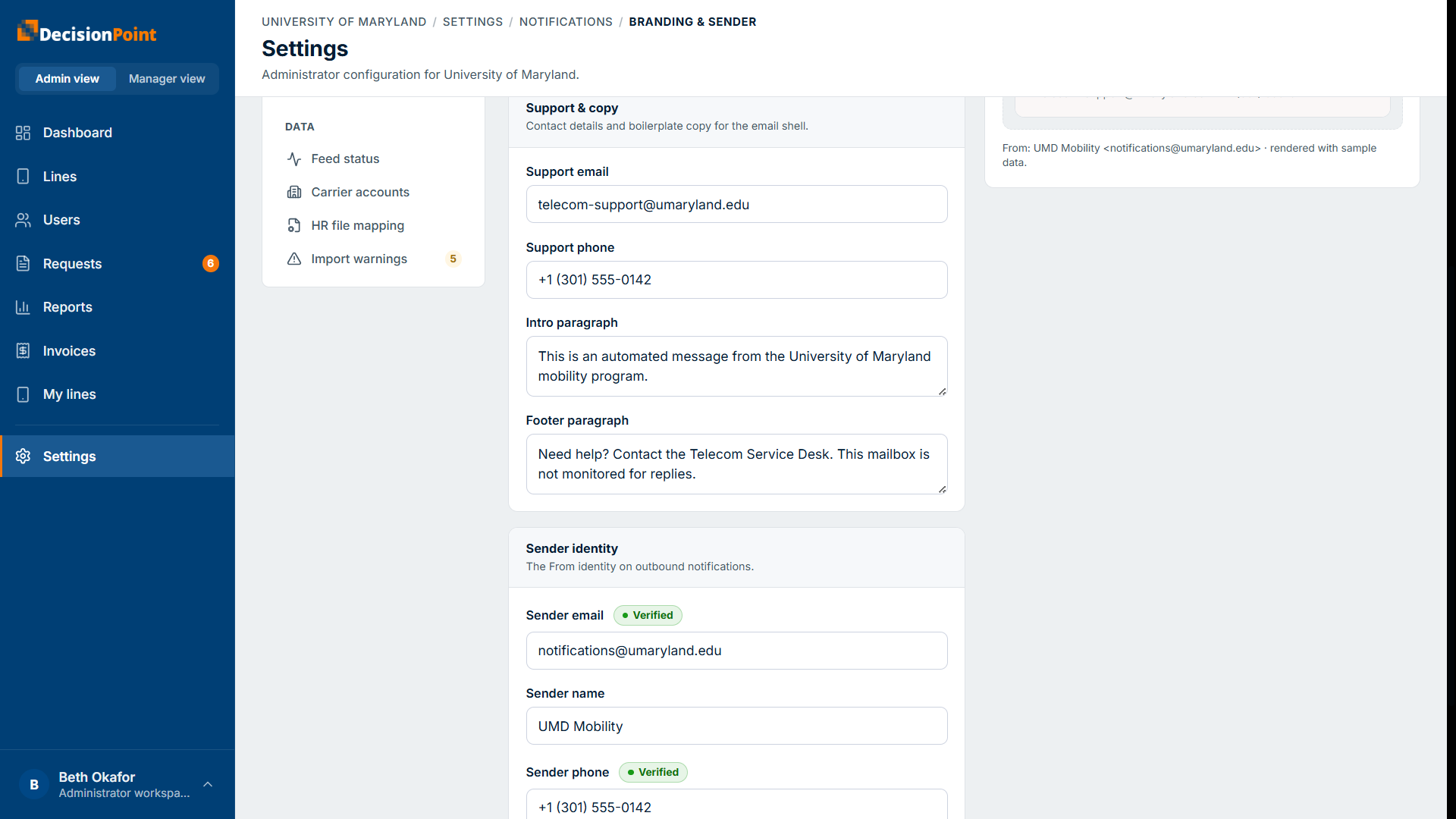 Support-and-copy fields and the sender-identity section with verified sender email and phone.