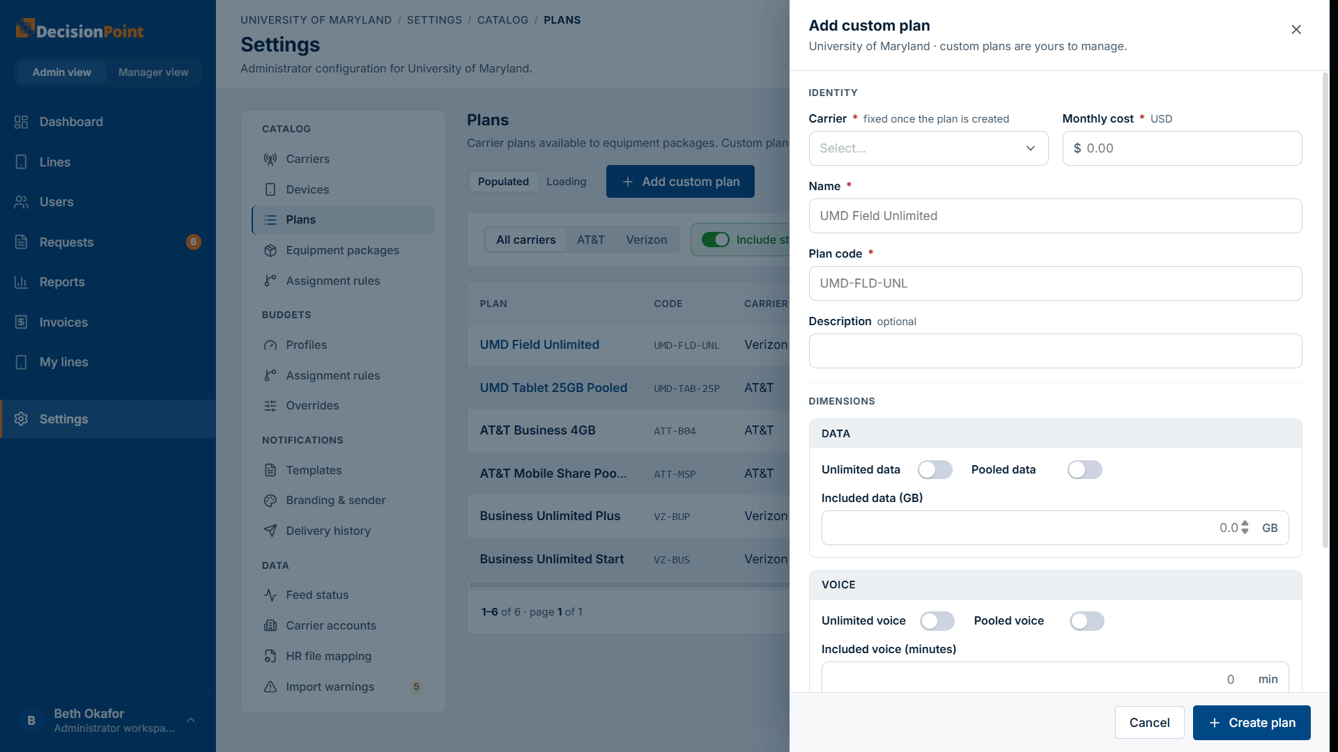 The Add custom plan panel: identity fields (carrier, monthly cost, name, code) and per-dimension allowance settings.