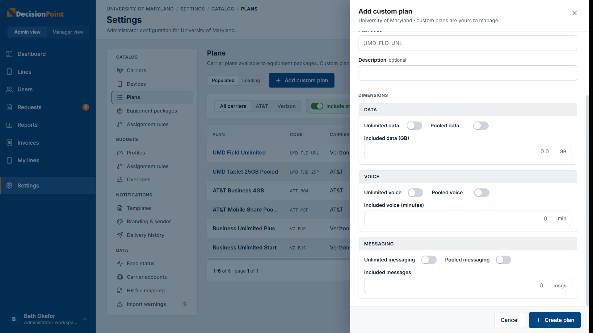 The dimension settings: unlimited, pooled, or an included amount for data, voice, and messaging.
