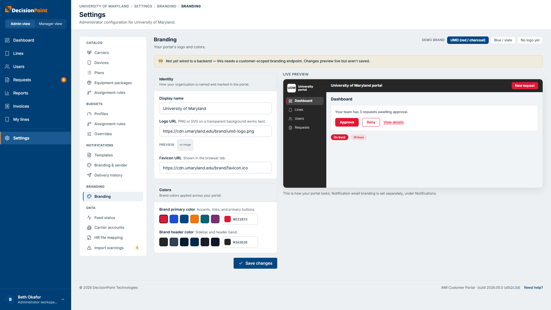 The Branding settings: display name, logo and favicon URLs, and brand colors beside a live preview of the portal.