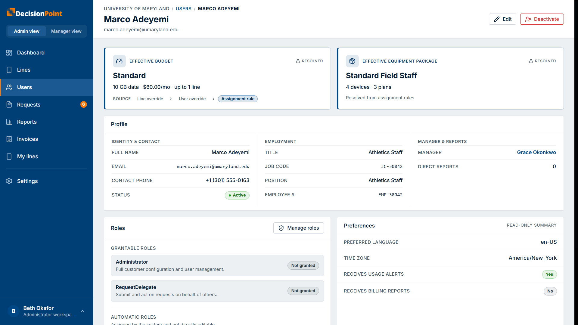 A user's detail: effective budget and equipment package, profile, roles, preferences, buy-up, and budget override.