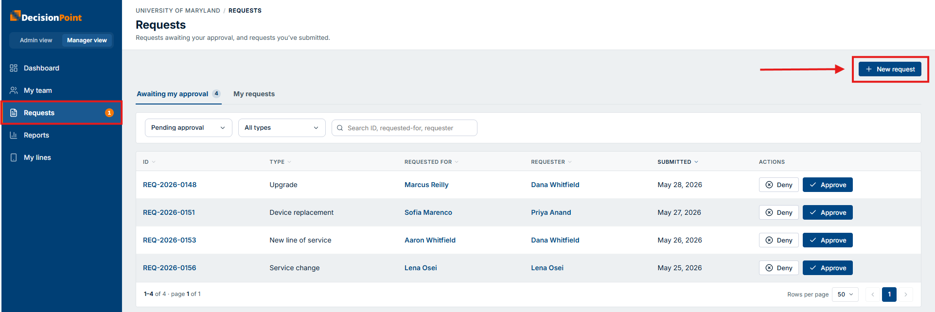 The New request button on the Requests page.