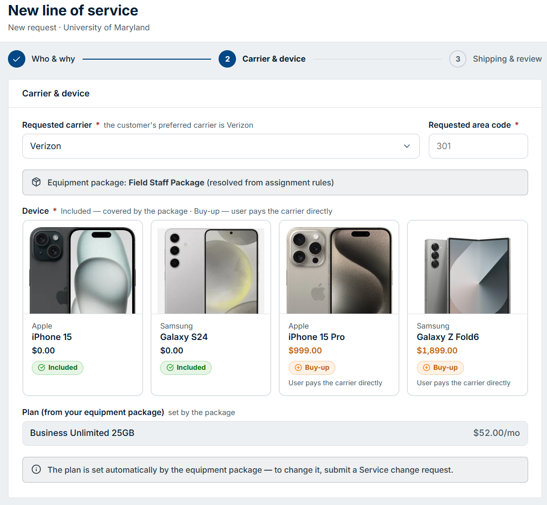 Carrier & device: carrier, area code, and device cards (New line shown).