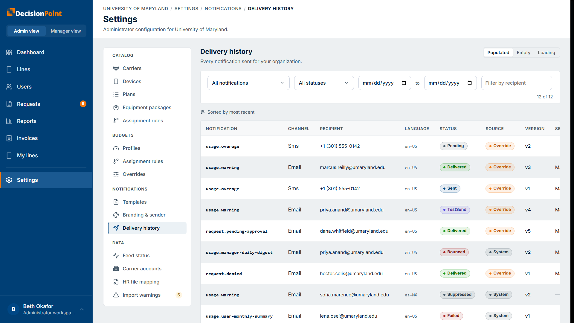 The delivery-history page: type/status/date/recipient filters and a table of every notification sent.