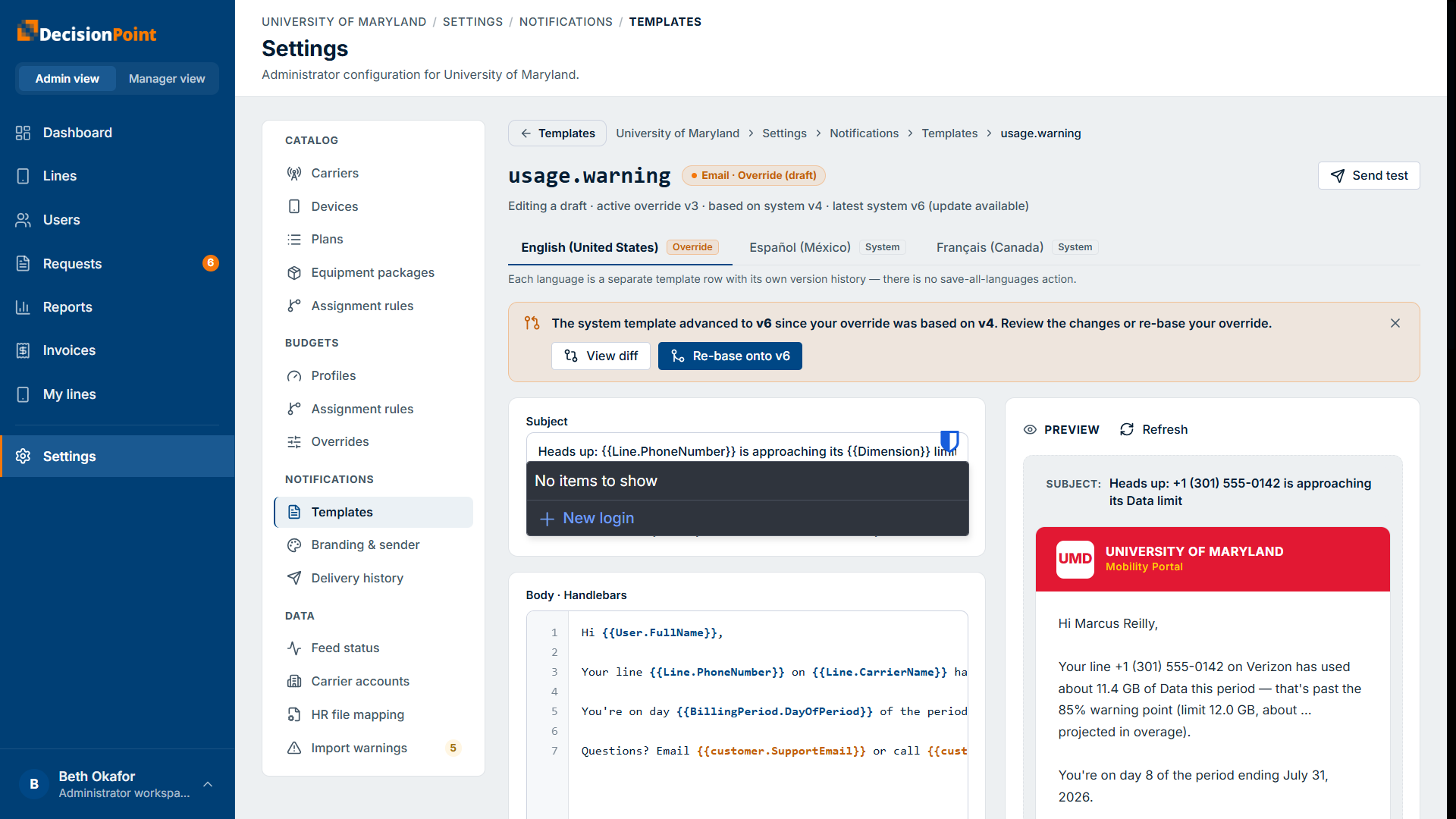 The template editor: language tabs, a subject and Handlebars body, and a live preview.