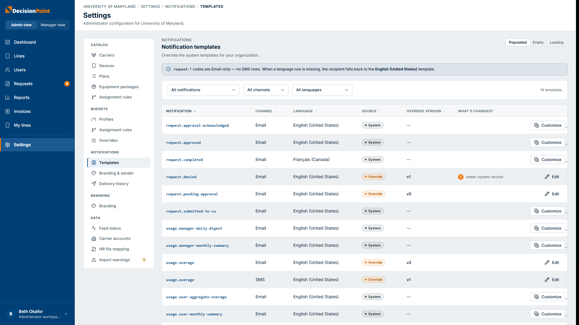 The template list: notification, channel, language, System/Override source, override version, and what's changed.