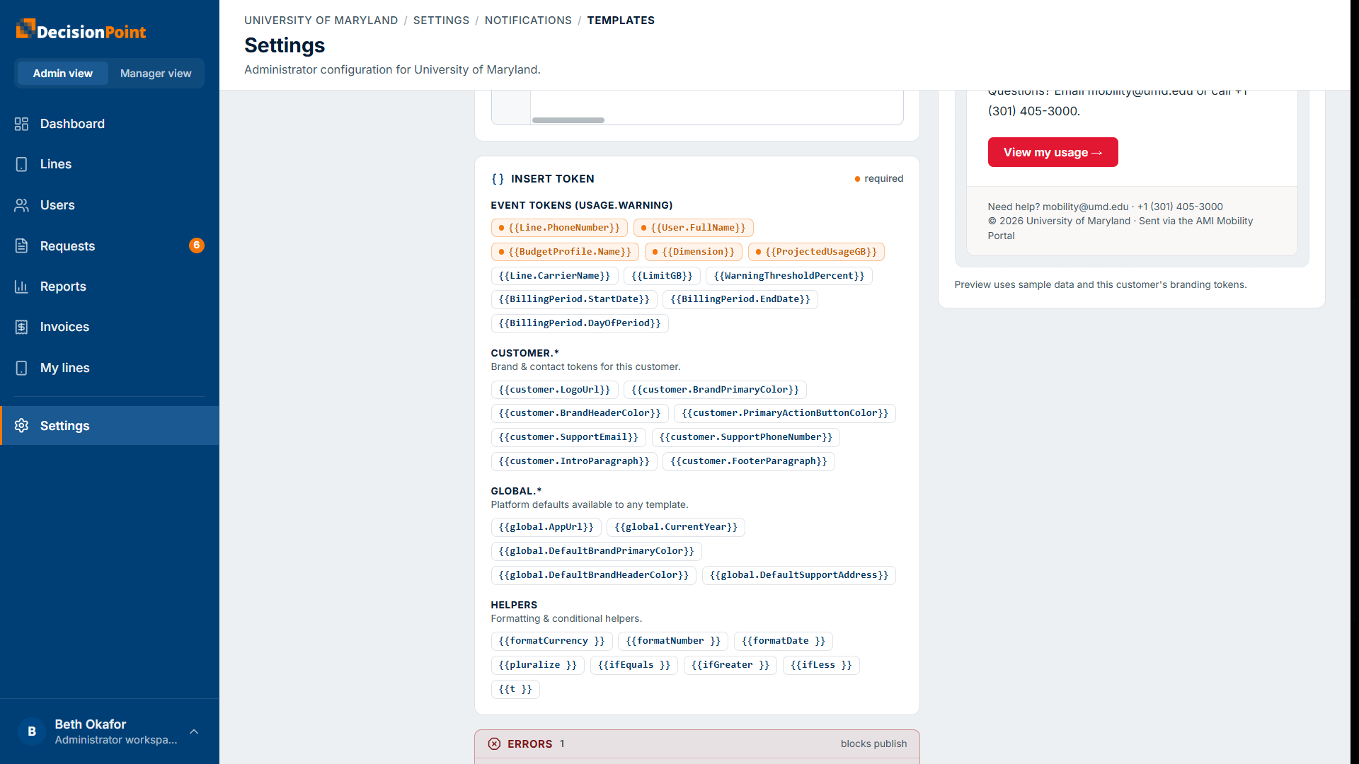 The Insert token panel: event, customer, and global tokens plus formatting helpers.