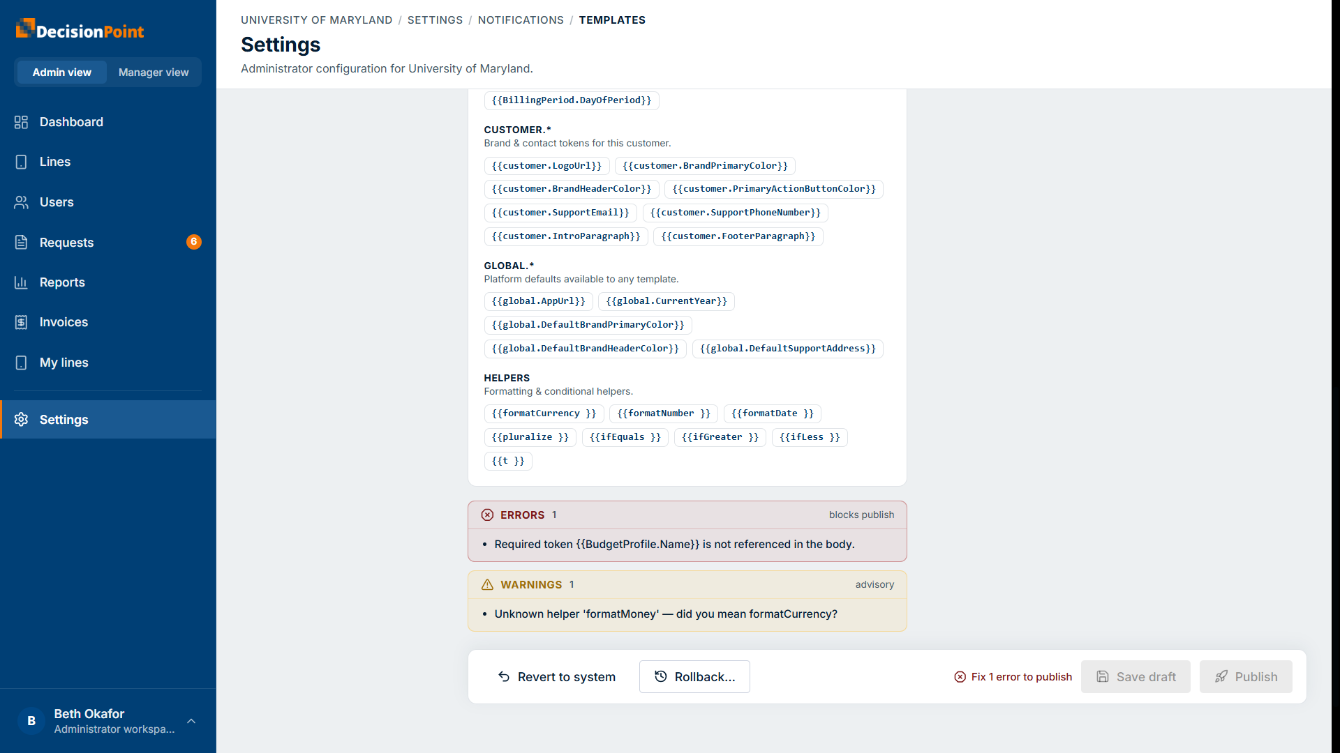 Validation with a publish-blocking error and an advisory warning, plus the Revert, Rollback, Save draft, and Publish actions.