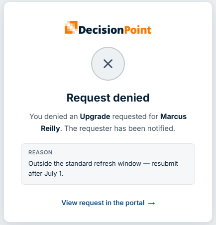 Confirmation page: request denied, with the reason the approver gave.