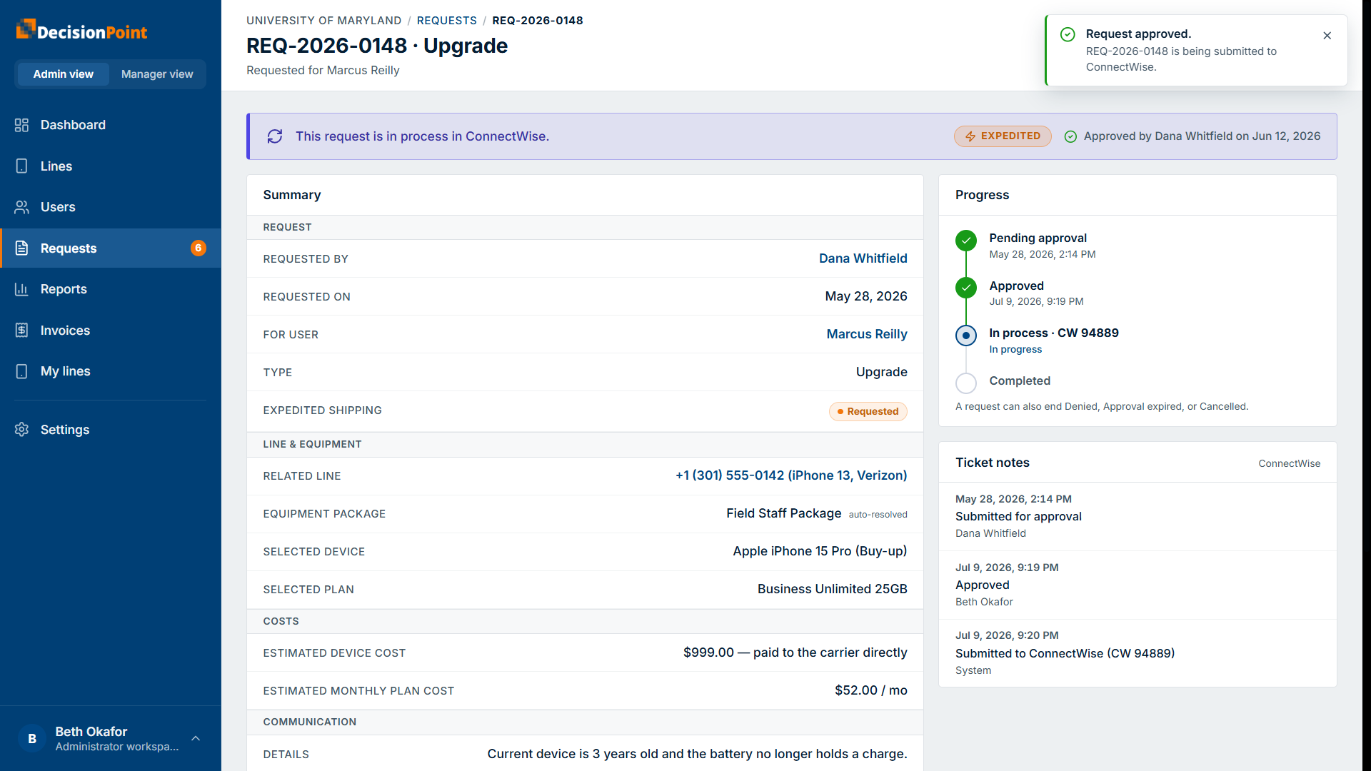 The same request after approval: an in-process banner, the approved-by note, and the progress timeline advanced.