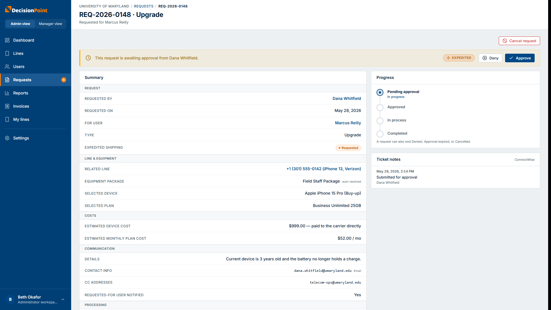 The Cancel request button at the top right of a request's detail page.