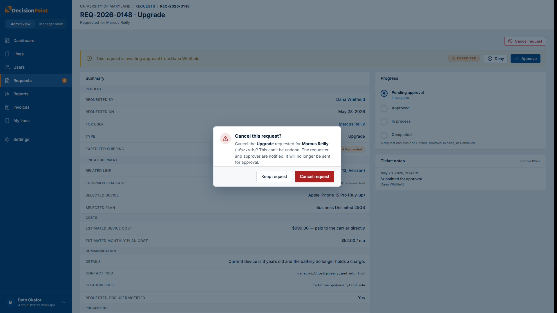 The cancel confirmation dialog: this can't be undone, and the requester and approver will be notified.