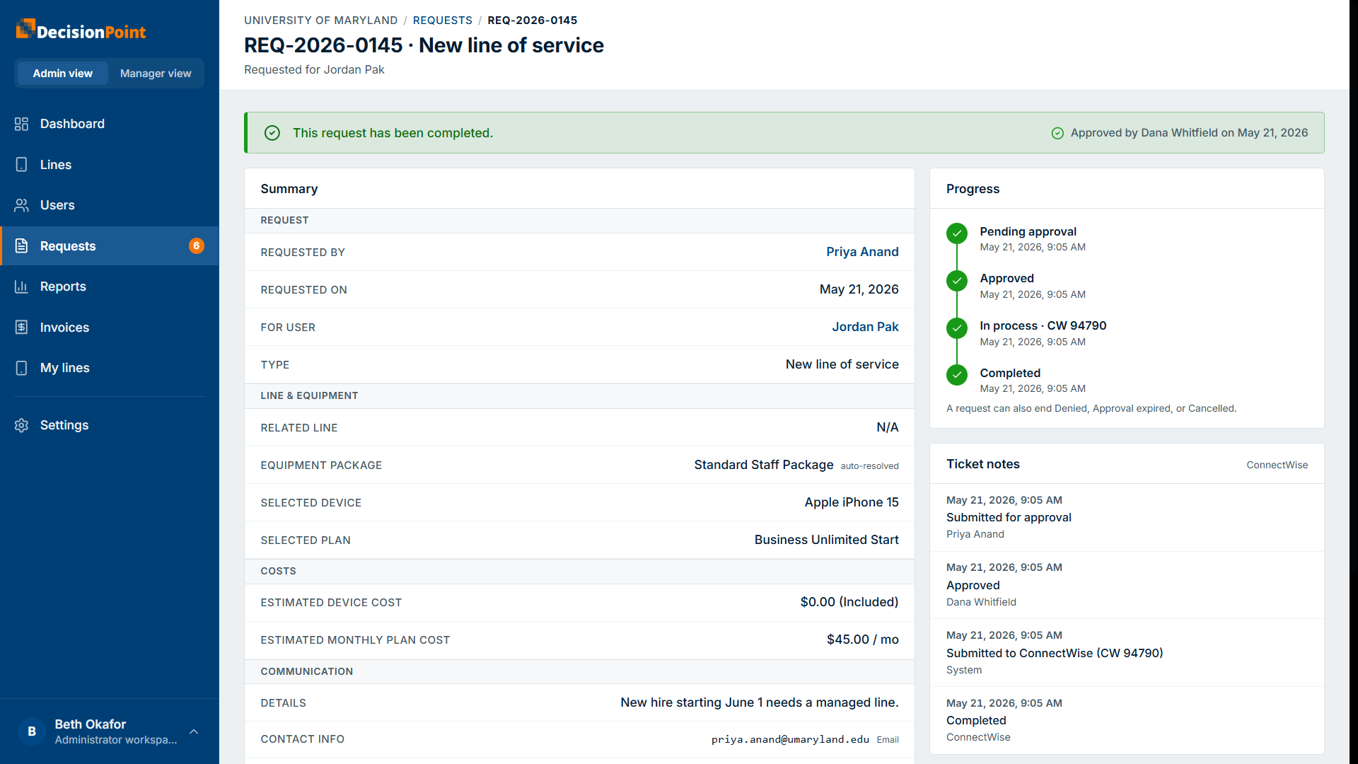 A completed request's detail: summary, progress timeline, and ticket notes.
