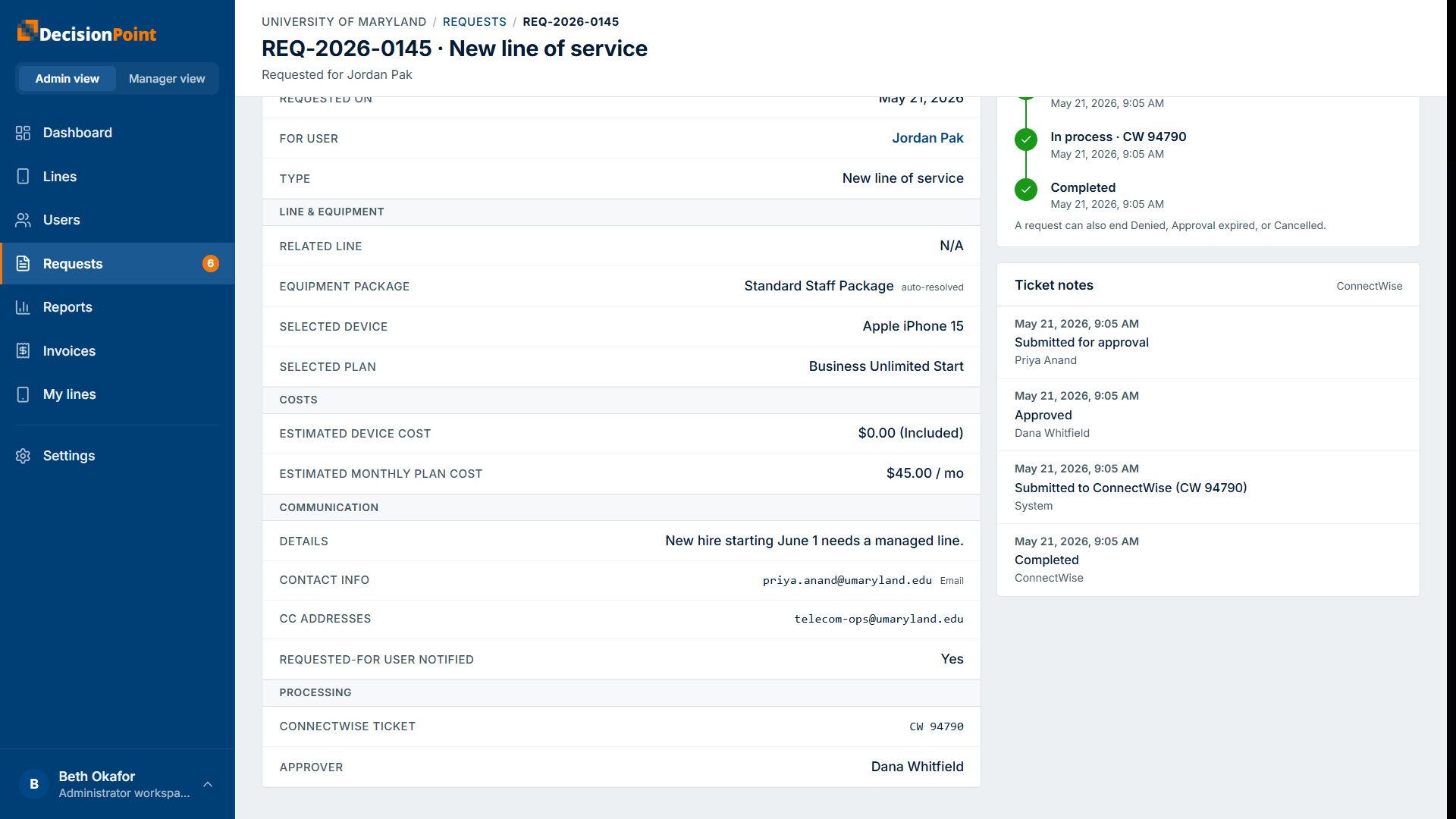 The request detail continued: line, equipment, cost, and processing details with the service ticket number and approver.