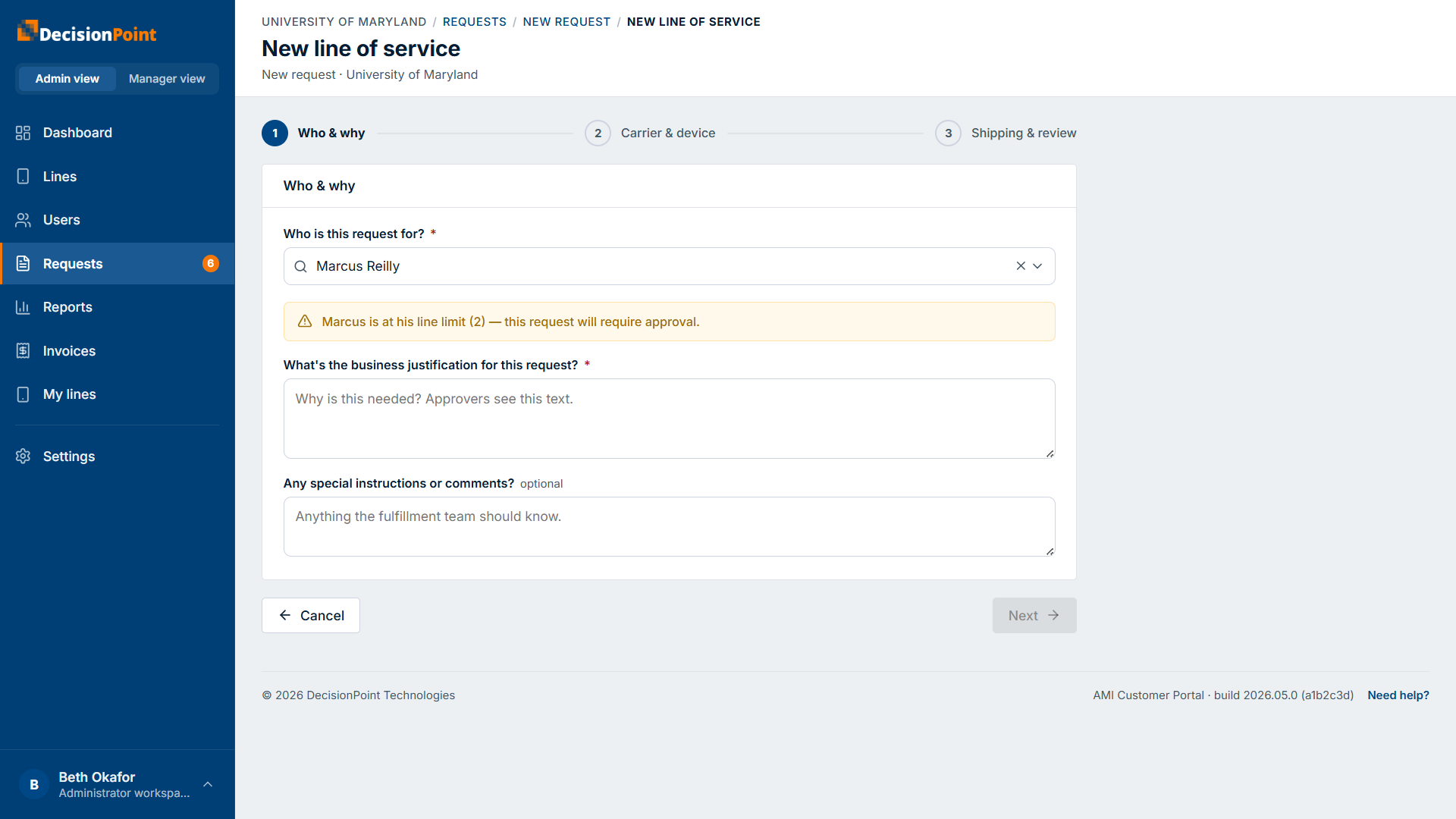 Step 1, Who & why: the person picker, a line-limit warning, and the justification field.