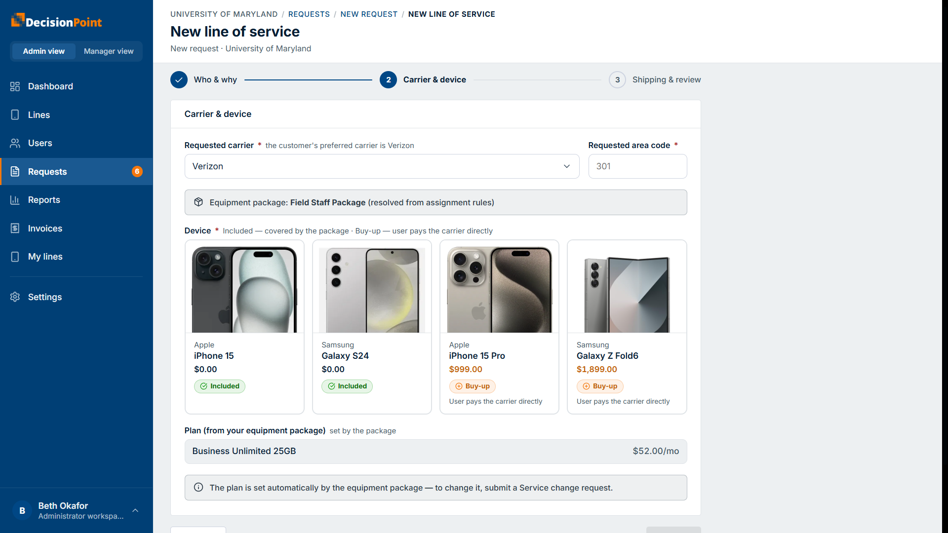 Step 2, Carrier & device: carrier and area code, the resolved equipment package, device cards, and the package plan.