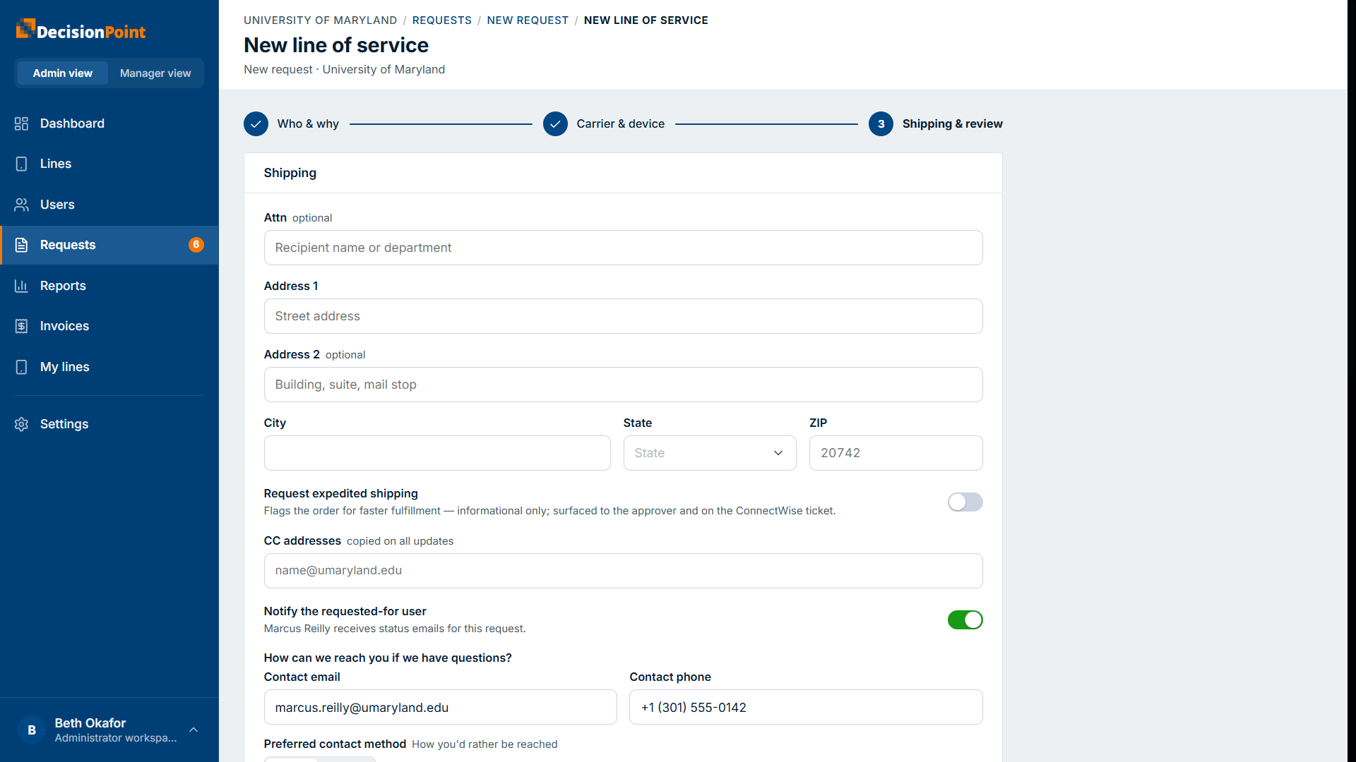 Step 3, Shipping: address fields, expedited-shipping toggle, CC addresses, notify toggle, and contact details.