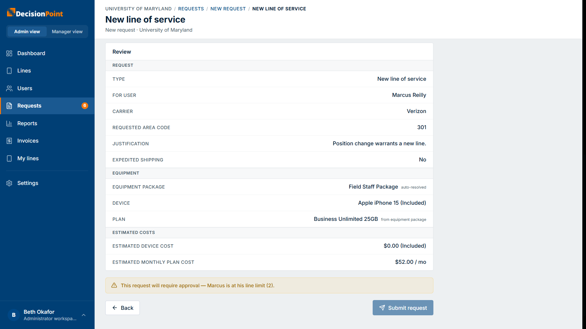 The review step: request, equipment, and estimated-cost summary with a Submit request button.