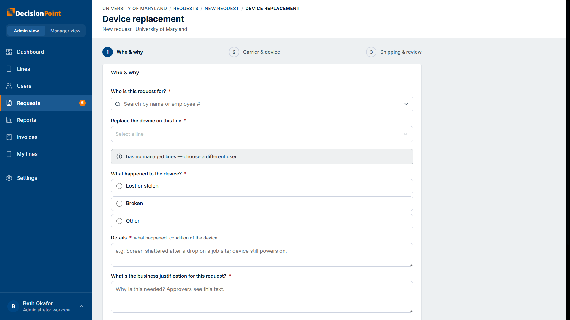 The Device replacement form: the line picker, the reason options, and the details field.
