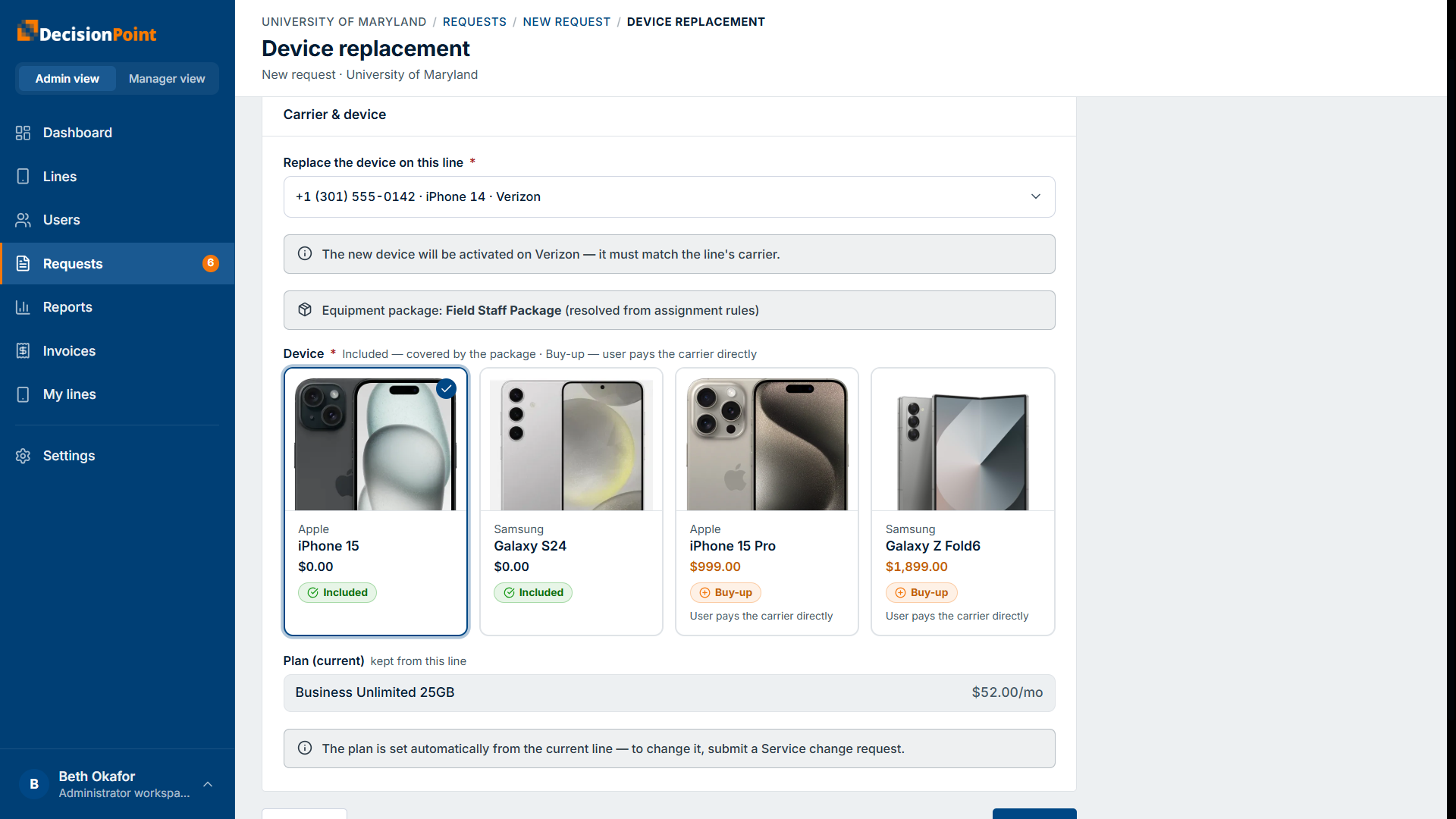 The replacement device step: device choices, with the plan kept from the current line.