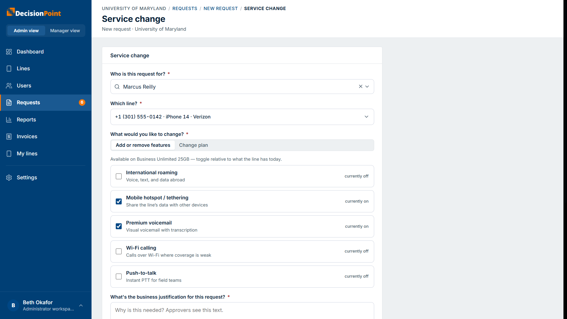 Service change — features preloaded to the line's current state.