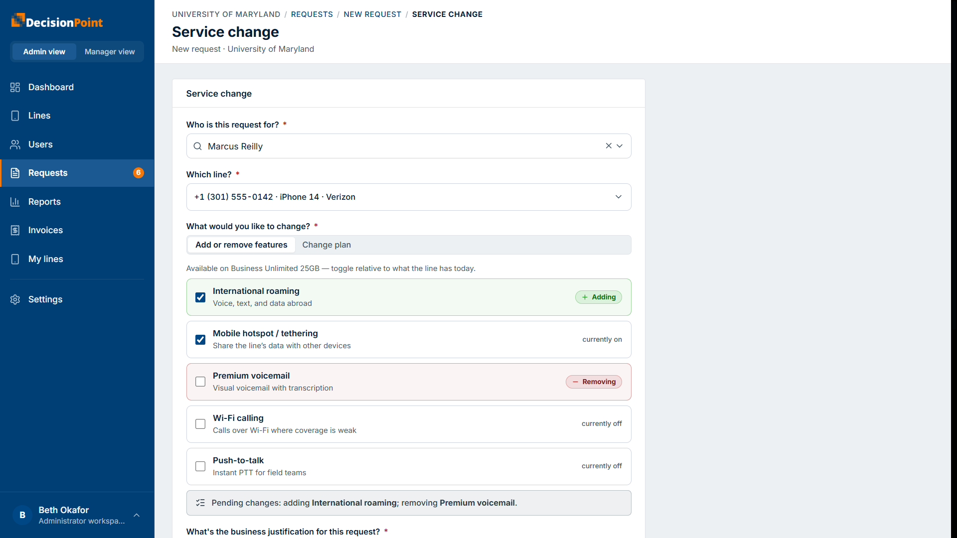 Service change — a feature being added (green) and another removed (red), with a pending-changes summary.