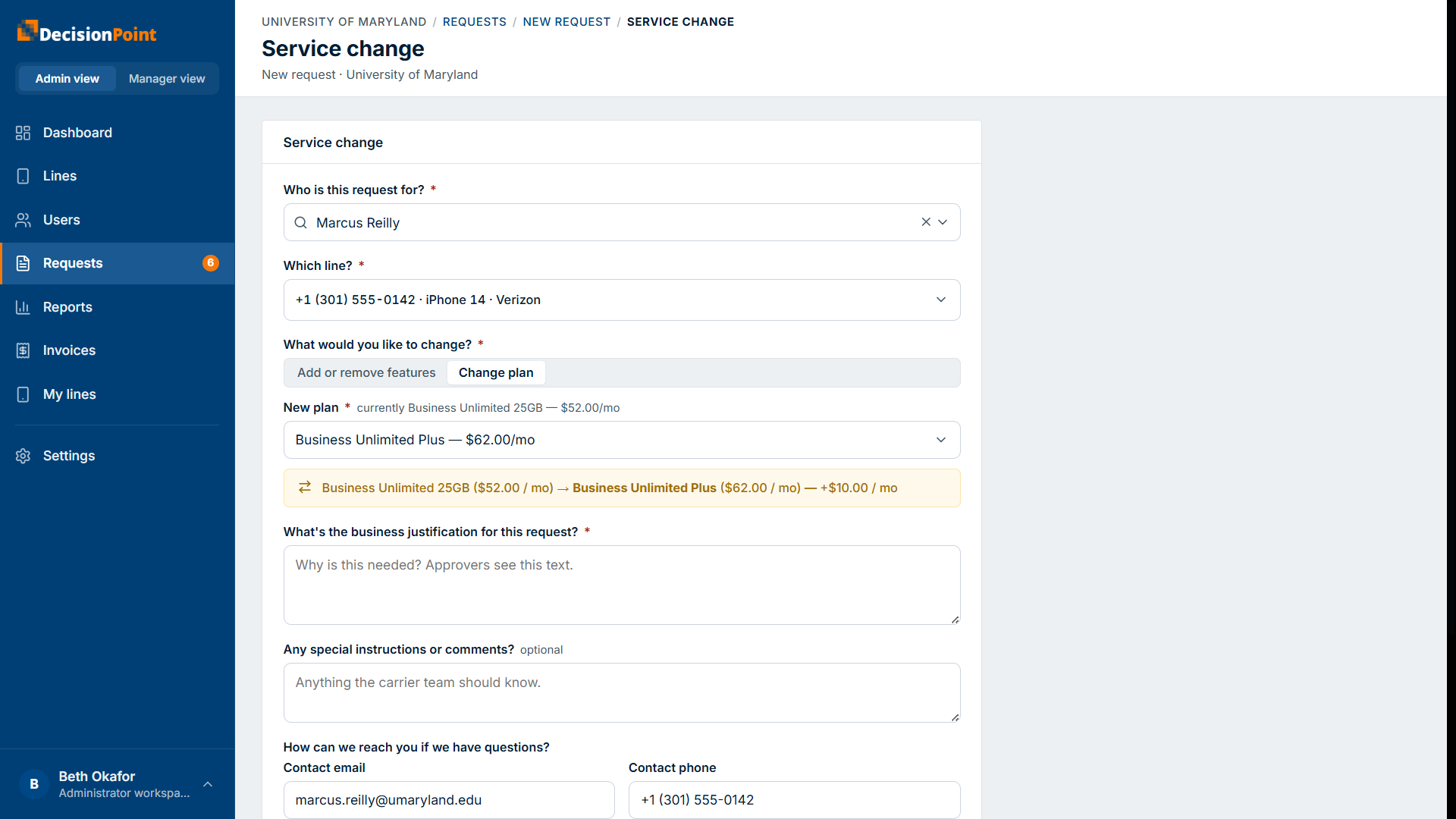 Service change — the plan picker showing the old-to-new plan change and the cost difference.