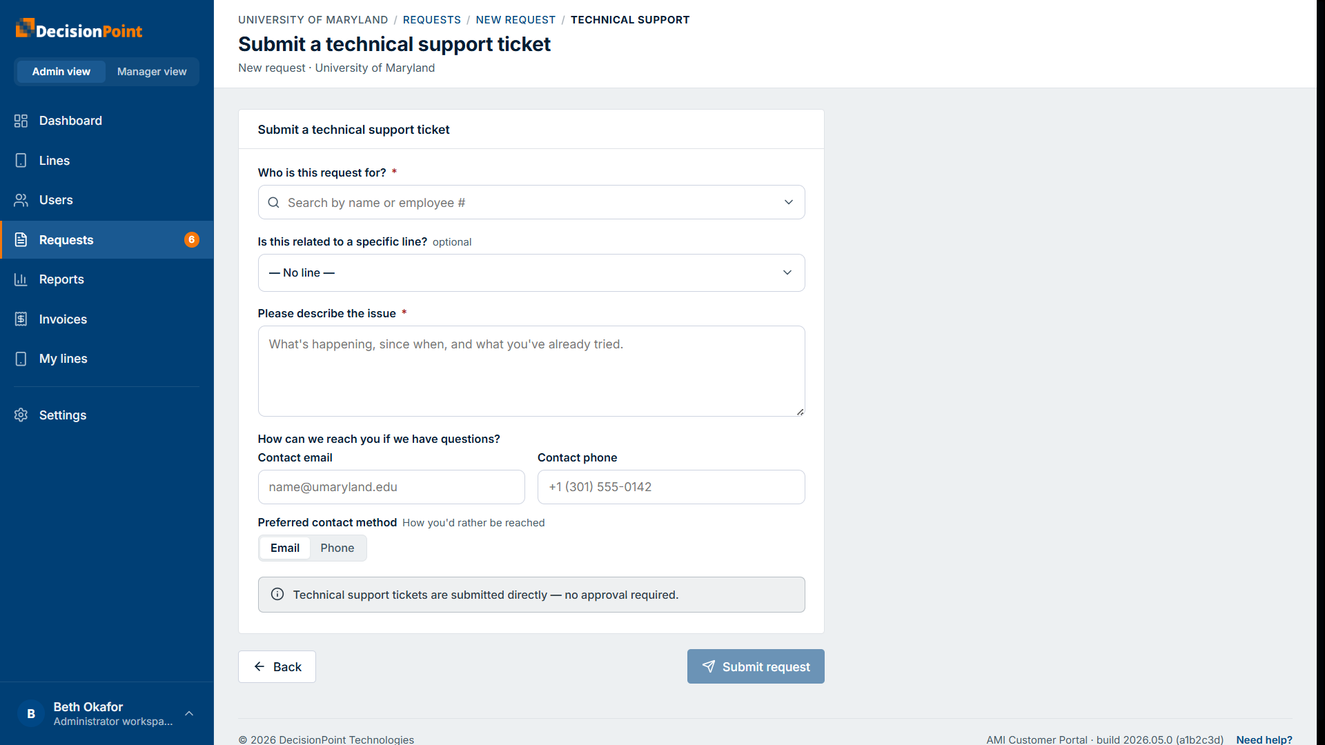 The technical support form: an optional line, an issue description, and contact details.