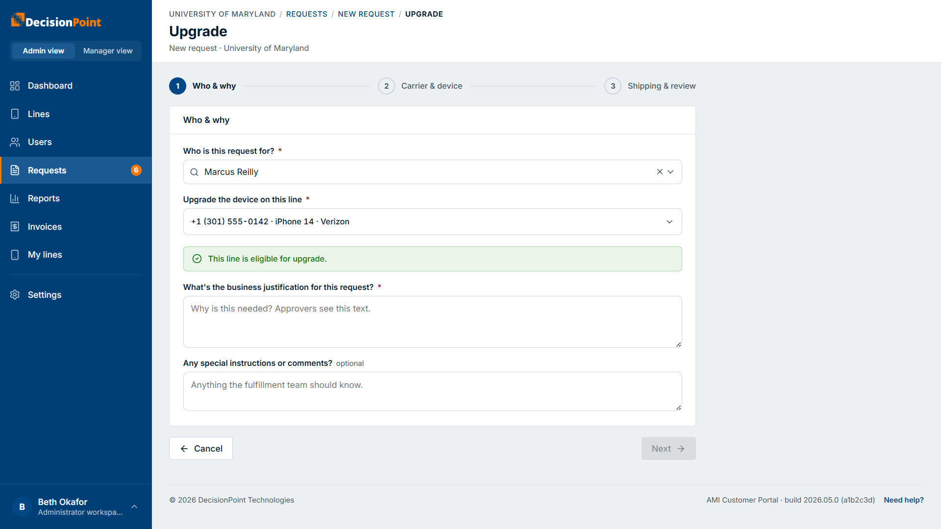 The Upgrade form: an eligible-line picker with an "eligible for upgrade" confirmation.