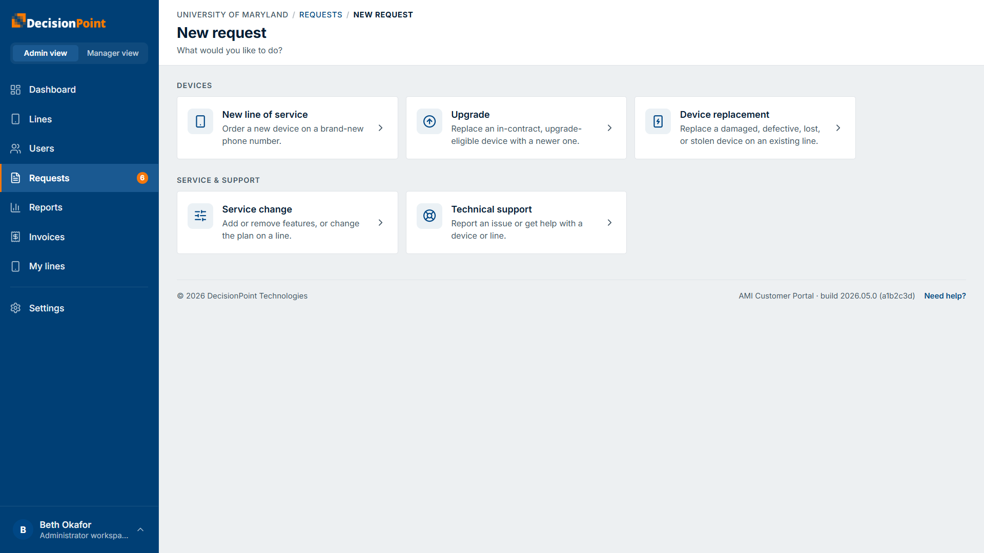 The New request page with the five request types grouped into Devices and Service & Support.