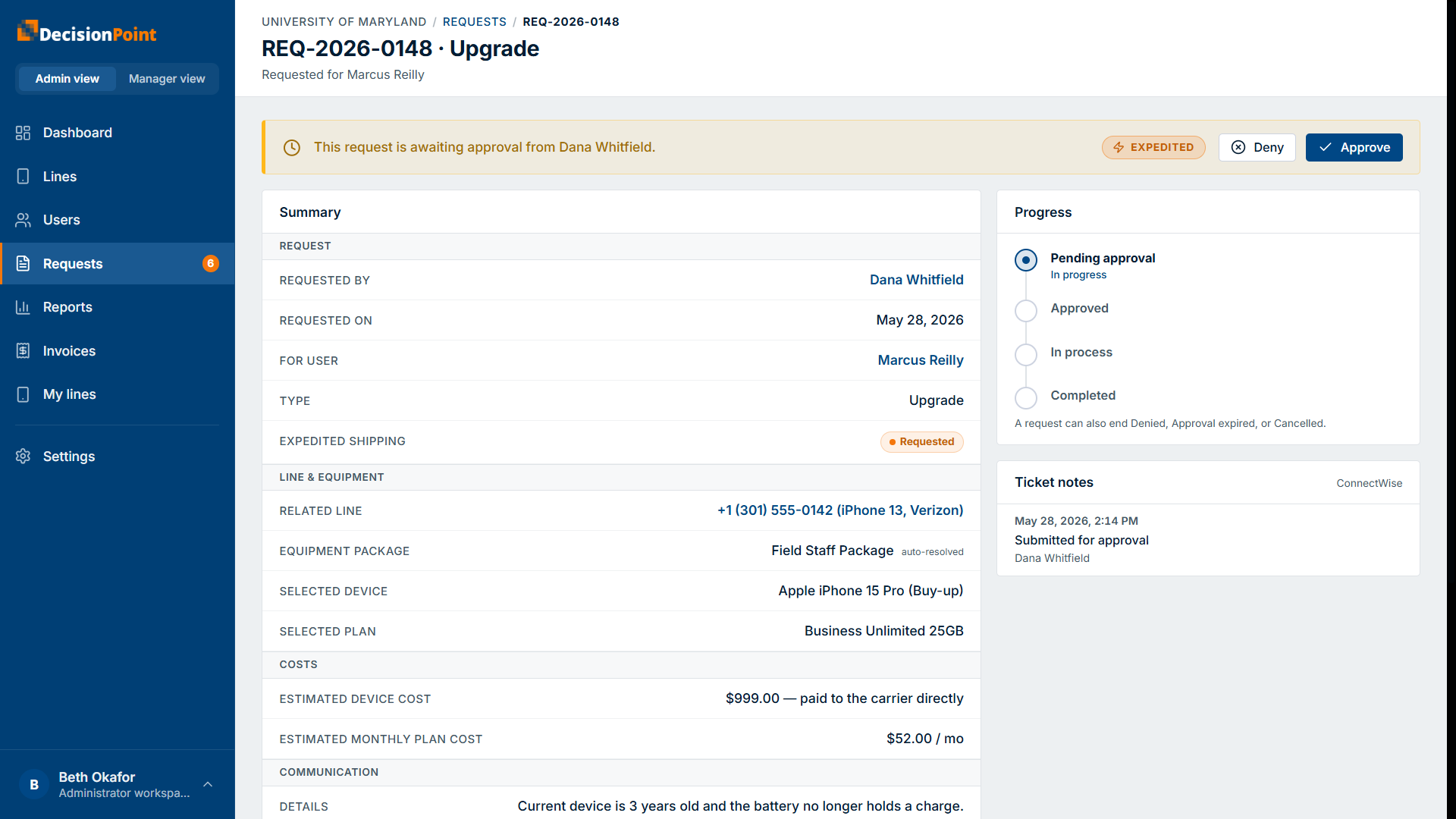 A request awaiting approval: an amber banner with Approve/Deny, the full summary, and the progress timeline.
