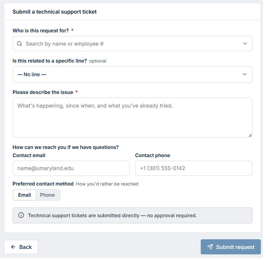 The Technical support form.