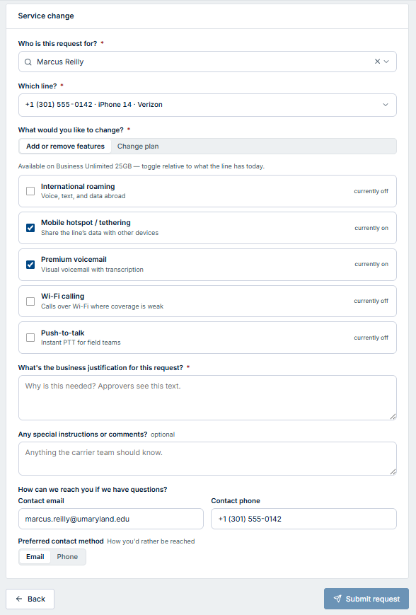 Service change — add/remove features.