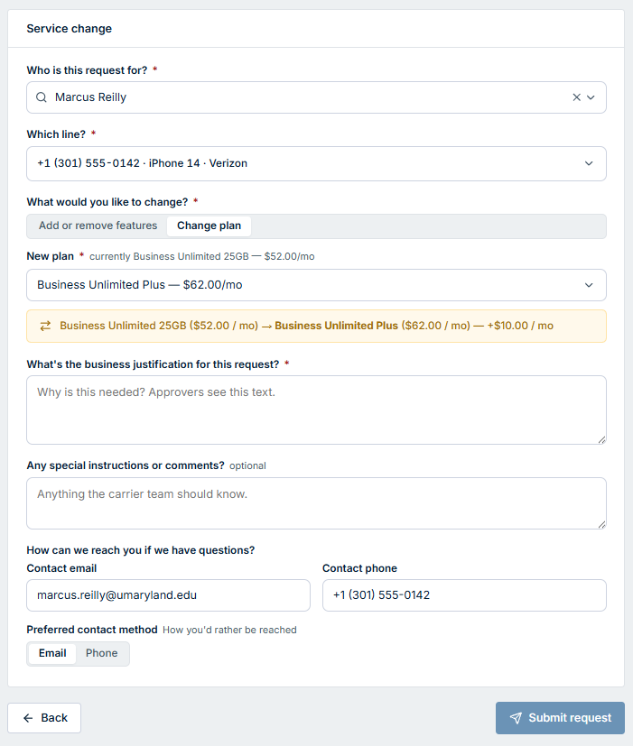 Service change — change plan, with the cost difference shown.