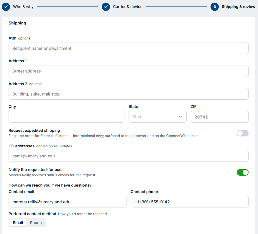 The Shipping step: address, expedited toggle, CCs, and contact info.