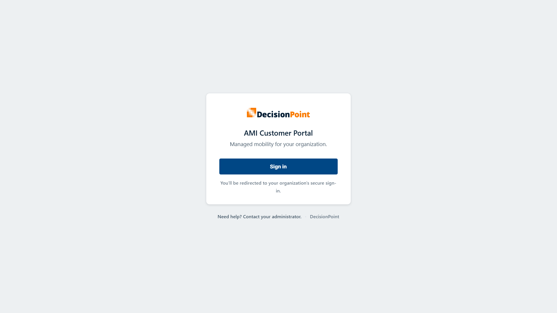 The AMI Customer Portal sign-in screen with a Sign in button that redirects to your organization's secure sign-in.