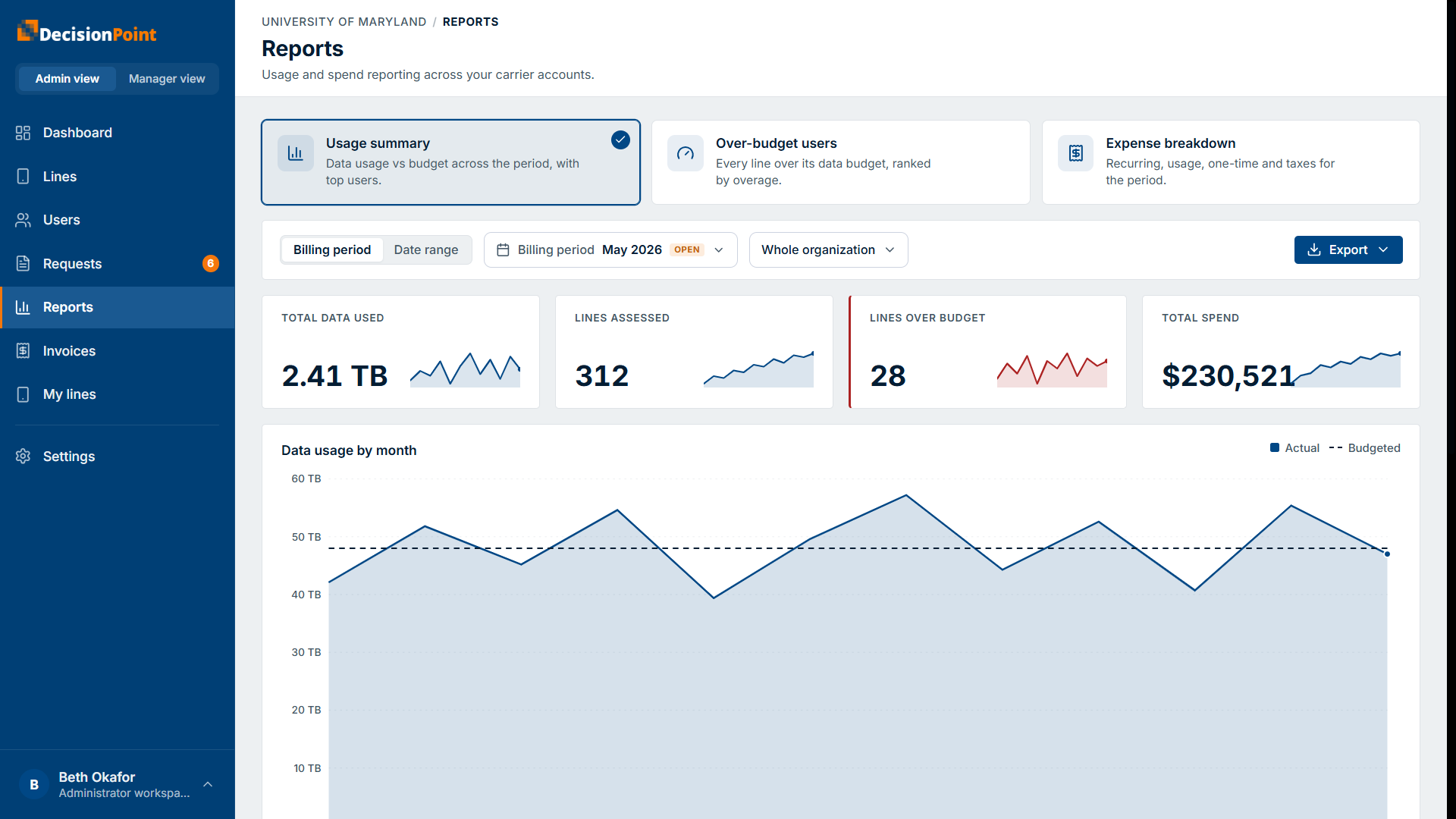 The Reports page: report-type cards, period and scope controls, summary tiles, a usage-by-month chart, and a top-users table.