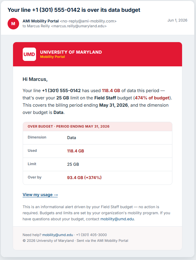 An overage alert email: the line's usage and limit for the dimension that's over, and by how much.