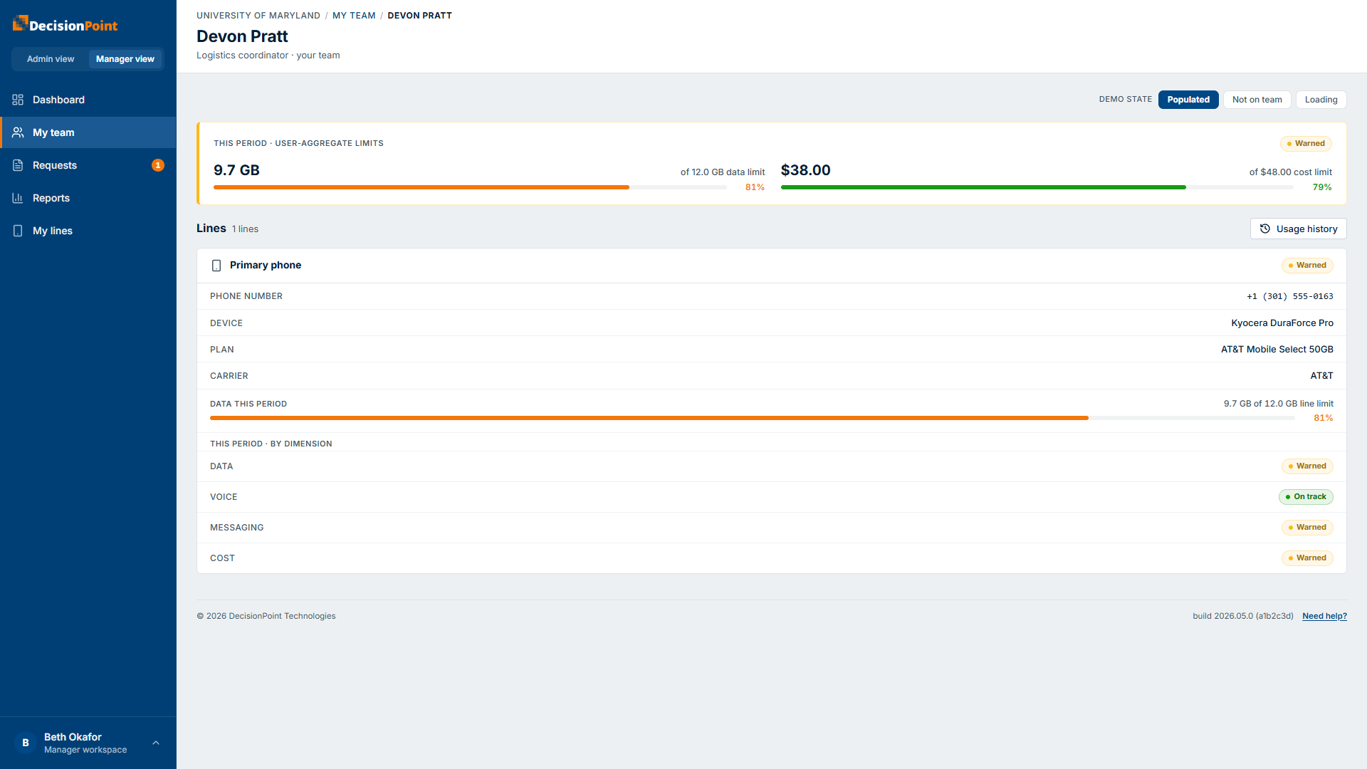 One team member's usage detail: user-aggregate totals against limits, then per-line usage and per-dimension status.